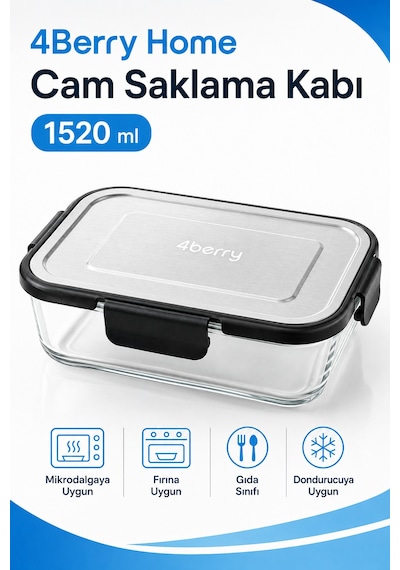 1520 Ml Kilitli Cam Saklama Kabı İnoks Kapaklı Yemek Ve Kahvaltılık Kabı Şeffaf