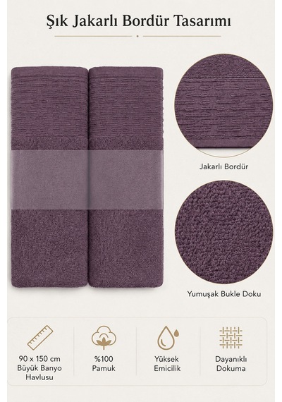2'li Büyük Boy Banyo Havlusu 90x150 Cm %100 Pamuk Siena Collection 650 Gr Mürdüm