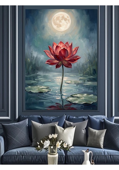 Ay Işığı Altında Lotus Çiçeği Dekoratif Kanvas - Mdf Ahşap Tablo