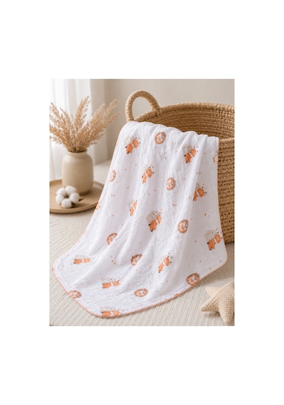 Unisex Bebek Beyaz Hayvan Desenli Müslin Örtü Ve Battaniye 85x90 Cm %100 Pamuk