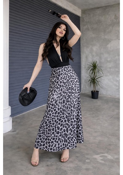 Green'dal Leopar Desenli Maxi Etek İç Göstermez Ve Şık Gri