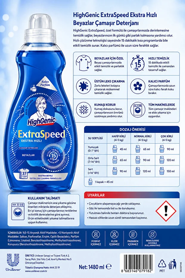 Highgenic Extraspeed Ekstra Hızlı Sıvı Çamaşır Deterjanı Beyazlar İçin 37 Yıkama Kalıcı Parfüm 1480 Ml