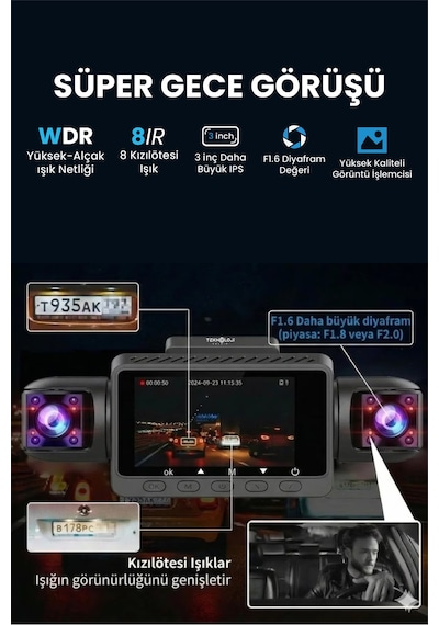 4 Kameralı Araç İçi Kamera Lcd Ekranlı 360 1080p Hd Gece Görüşü, G Sensor, Park, Döngü Kayıt Wdr, Uygulama Kontrol