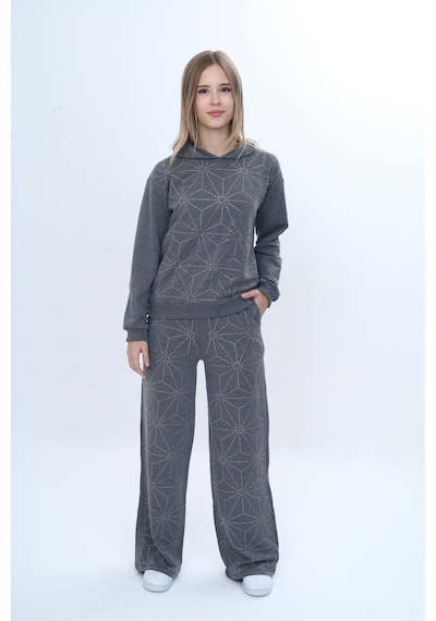 Toontoy Kids Toontoy Kız Çocuk 2'li Takım Taş İşlemeli Kapüşonlu Sweatshirt & Beli Lastikli Bol Paça Cepli Eşofman Altı - 2 İplik Antrasit