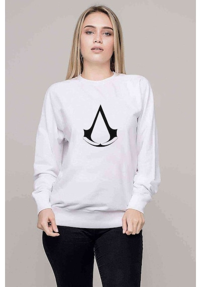 Assassins Creed Logo Baskılı Beyaz Kadın Sweatshirt