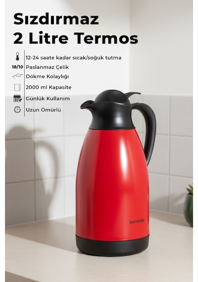 Bernardo Grandio Çelik Termos Kırmızı 2 Litre