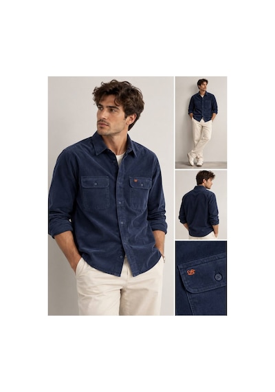 Little Cup Jeans Co Erkek Lacivert Kapaklı Çift Cep Detaylı Yumuşak Dokulu Kadife Gömlek