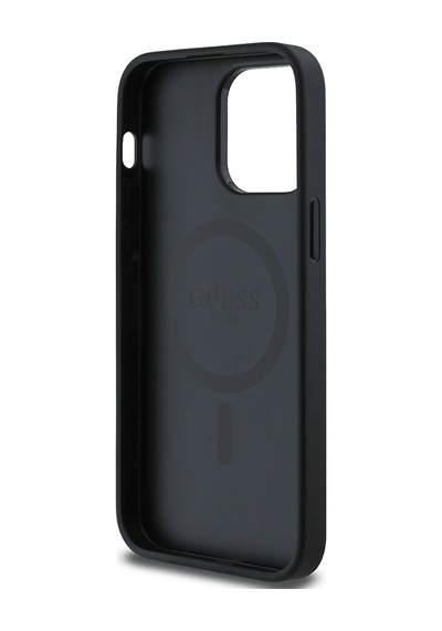 Apple Uyumlu iPhone 14 Pro Max Kılıf Guess Lisanslı M-safe Özellikli Taneli Çiçek Tasarımlı Metal Logolu Siyah