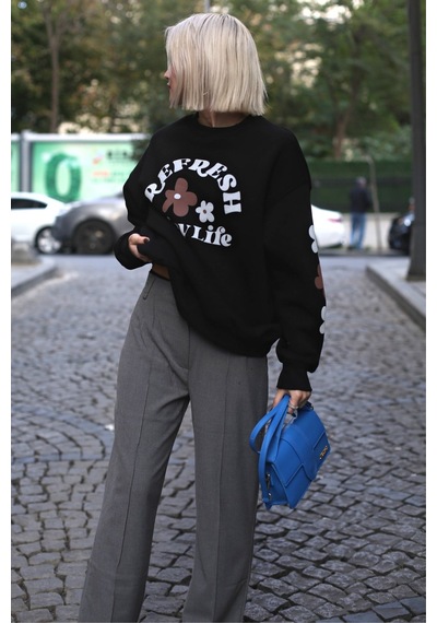 Siyah Bisiklet Yaka Baskılı Sweatshirt Mg1572