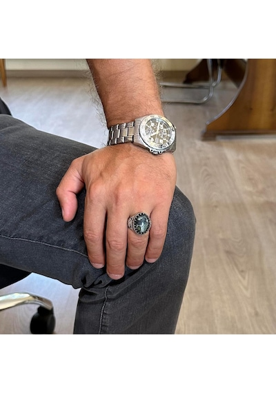 Gerçek Doğal Taş Yüzük - El Yapımı Kartal Yüzüğü - 925 Ayar Gümüş Yüzük Yeşil Göz Gümüş