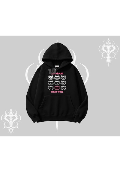 My Mood Right Now Yazılı Sevimli Kedi Kapşonlu Sweatshirt Siyah