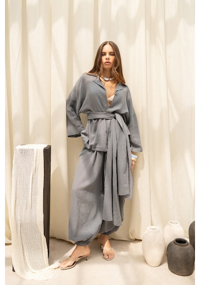 Mai Collection Cozy Şal Detay Füme Üçlü Gömlek Pantolon Keten Takım