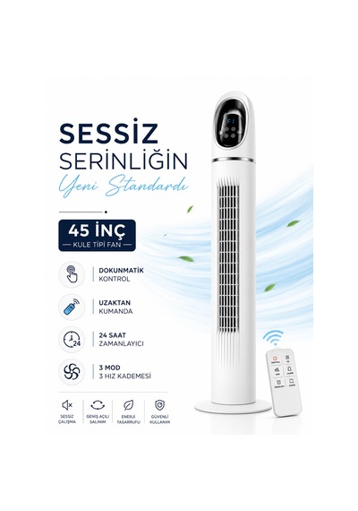 Kule Tipi Vantilatör 45 İnç, Uzaktan Kumandalı, 3 Hız Kademeli, 3 Modlu Normal/doğal/uyku , Salınımlı, Dokunmatik Kontrollü, 24 Saat Zamanlayıcılı, Beyaz