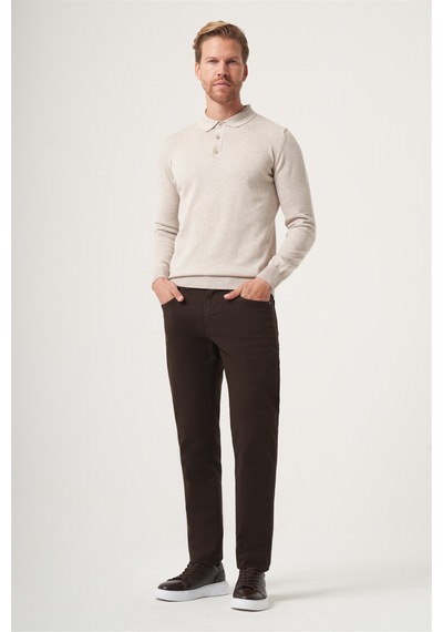 İmza Bej Polo Yaka Uzun Kol Örme Comfort Fit Pamuklu Kazak 1012265007