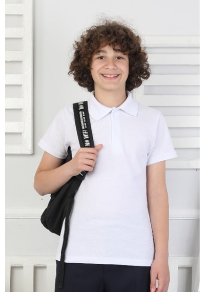 Modanino Erkek Çocuk %100 Pamuk Okul Tarz T-shirt 5-17 Yaş 12272 Beyaz