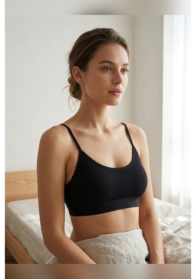 Mataş Kadın İnce İp Askılı Pedli Fitilli Pamuklu Büstiyer Crop Bralette Siyah