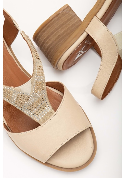 Analin Shoes Kadın Hakiki Deri Lastikli Rahat Taşlı Sandalet Kot Mavi Bej