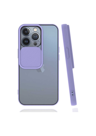Noktaks - Apple Uyumlu iPhone 13 Pro - Kılıf Slayt Sürgülü Arkası Buzlu Lensi Kapak - Lila