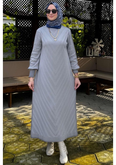 Rabia Şamlı Yağmur Triko Elbise Gri Normal