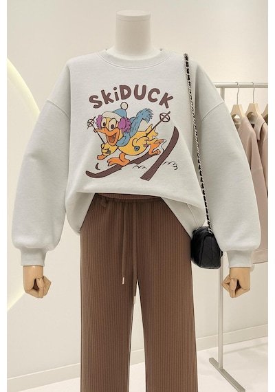 Benroma 3 İplik Penye Skiduck Baskılı Unisex Sweatshırt Gri