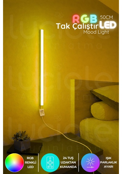 Uzaktan Kumandalı Led Abajur - Yatak Üstü, Tv Yanı ,oturma Odası - Rgb Çok Renkli 50 Cm Minia2