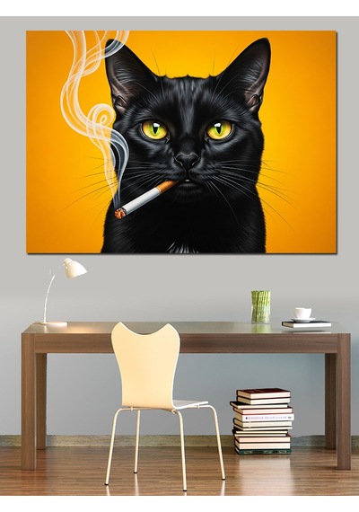 Sigara İçen Siyah Kedi Sarı Gözler Dekoratif Kanvas - Mdf Ahşap Tablo