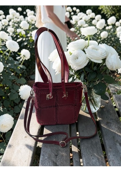 Kumru Studio Bordo Patchwork Kadın Omuz Çantası Özel Tasarım Şık El Çantası