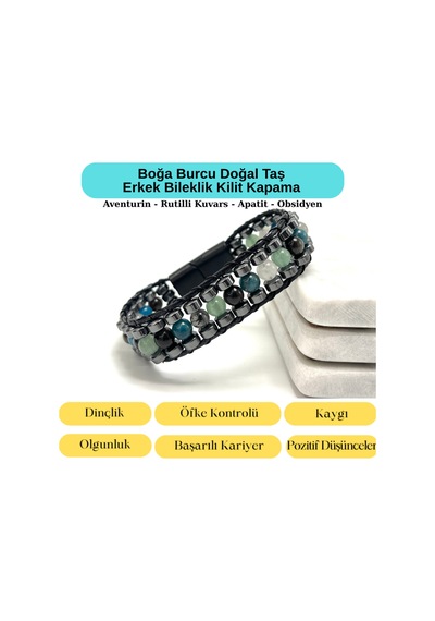 Sertifikalı Boğa Burcu Disk Model Doğal Taş Erkek Bileklik Mıknatıslı Kilit Çok Renkli
