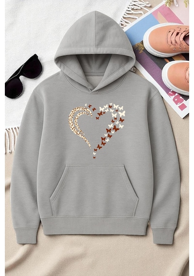 Uyguntarz Unisex Leopar Kalp Desenli Baskılı Oversize Sweatshirt Gri