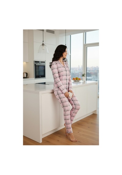 Bravie Luxury Viscose Pembe Ekose Desenli Büyük Beden Kadın Pijama Takımı 42531