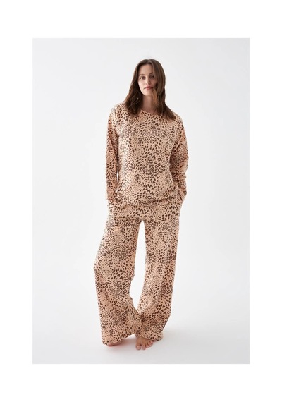 İkikareshop Kadın Oversize Bej Leopar Desenli Pamuklu Kalın Pijama Takımı Çok Renkli