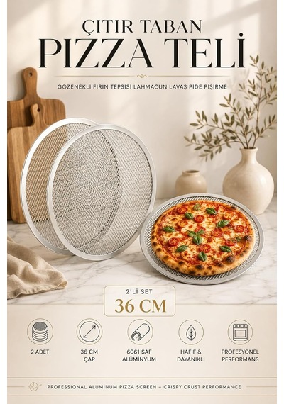 Pizza Teli 2'li Set 36 Cm Çıtır Taban Hamur Pişirme Izgarası Gözenekli Fırın Tepsisi Lahmacun Lavaş Pide Pişir Genel