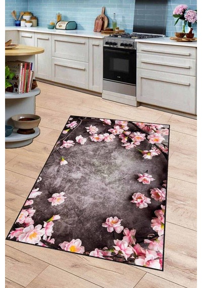 Pembe Kaymaz Taban Yıkanabilir Çiçekli Mutfak Halısı Ar1242n11