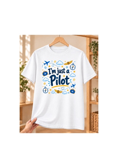 Mor Mürekkep Pilot Baskılı Beyaz Tişört - Pilota Hediye Unisex