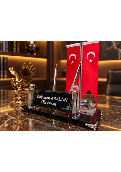 Velora 3 Parça Kristal Ofis Seti Kişiye Özel İsimlik Türk Bayraklı Gold Kartal Gold - Siyah