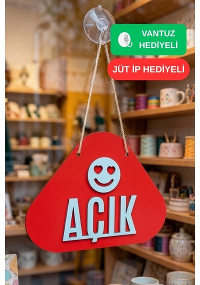Ahşap Lazer Kesim Emoji Figürlü Açık-kapalı Tabelası - Kırmızı