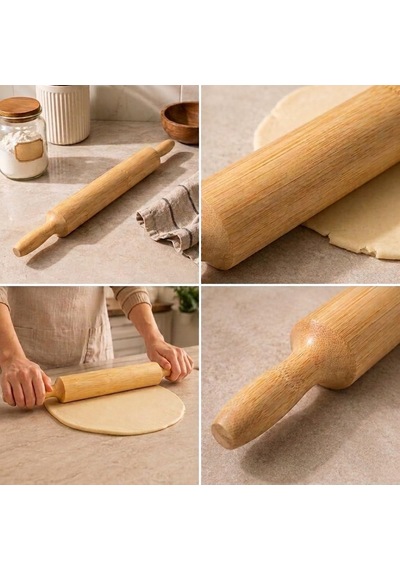Bambu Merdane, Doğal Bambu Hamur Açma Merdanesi, Sabit Ve Döner Mekanizmalı Varyasyon Seçenekli Ahşap Mutfak Merdanesi, Börek Pizza Kurabiye Pasta Hamuru Açma İçin