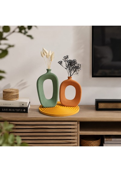 El Yapımı Modern Bohem Beton Vazo Seti Dekoratif Kemerli İkili Vazo & Yuvarlak Altlık Premium Seri Adaçayı-tarçın-okre