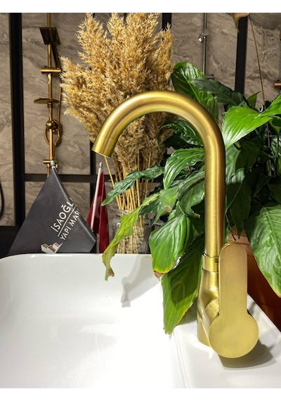 İsaoğlu Yapı Mat Altın Lavabo Bataryası Gold Lavabo Musluğu Fırçalanmış Gold Banyo Bataryası Altın Musluk Gold