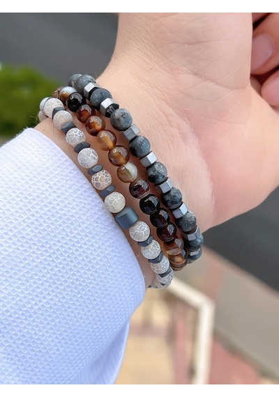 Nursaat Doğal Taş Özel Kombin Kaplan Gözü-kuvars-lapis Oluşum Doğal Unisex  Bilekliği Blkt.ns04 3 Adet Çok Renkli