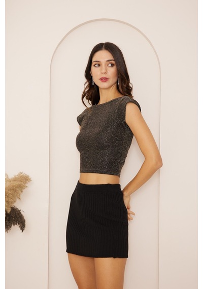 Darlin Moda Kadın Siyah Gold Simli Sırt Dekolteli Crop Bluz Dm8001 Siyah
