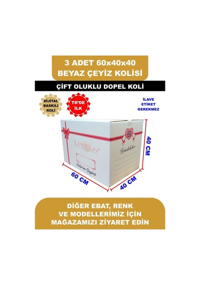 3 Adet 60x40x40 Kurdale Baskılı Beyaz Çeyiz Kolisi, İsim Yazma Alanı Renkli Baskı, Çift Oluklu