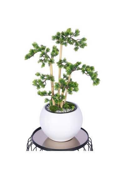 Yapay Çiçek Sitesi Beyaz Küre Saksıda Modern Minimal Tasarım Yapay Bonsai Ağacı Yeşil 65 Cm Yeşil