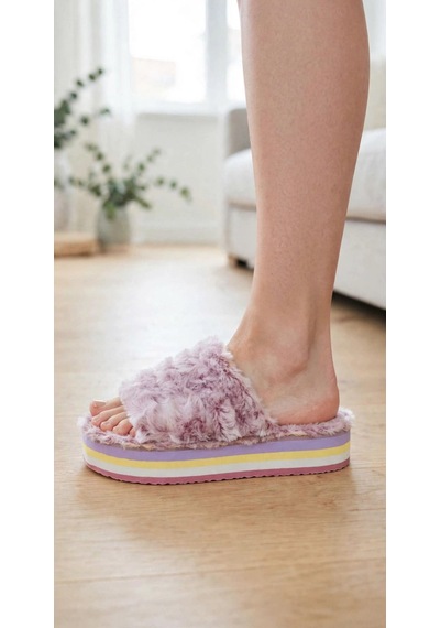 Kadın Bordo Peluş Platform Tabanlı Ev Terliği