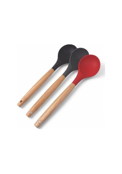 Bambu Saplı Silikon Servis Kaşığı, Bambu Uzun Silikon Servi Kaşığı 28cm 3 Renk Seçenekli, Yemeklerinizi Servis Etmek İçin Silikon Servis Kaşığı Kırmızı
