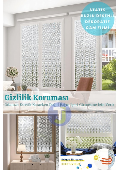 Technojet Statik Buzlu Desenli Cam Kaplama Filmi Duşa Kabin Ofis Balkon Dekorasyon Folyo 60cmx100cm Tk2019