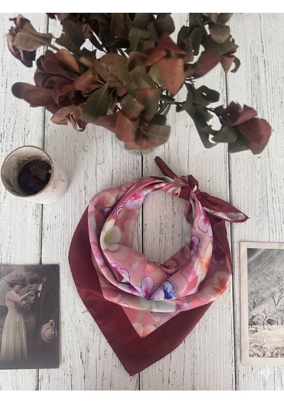 Trend Dokunuş Kadın 50-50 Saten Çiçek Bahçesi Fular Bandana Bordo - Pembe