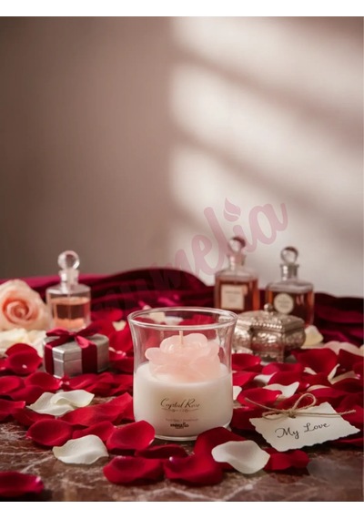 Mumelia Crystal Rose Gül Figürlü - Doğal Soya Cam Bardak Tasarım Mum .