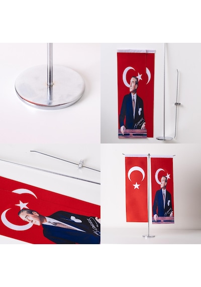 Atatürk-Türk Bayrağı 2li Masa Bayrağı Saten Kumaş Dijital Baskı 8,5x25 cm