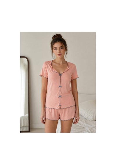 Pijamask Kadın Pudra Kısa Kollu V Yaka Fiyonk Detaylı Şortlu Pijama Takımı Yazlık Rahat Ev Giyim Uyku Takımı Pembe